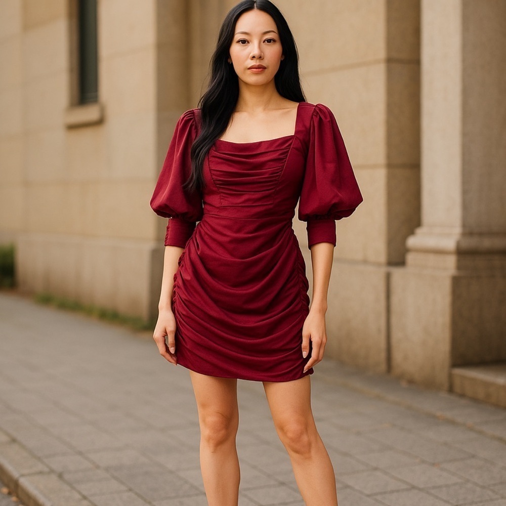 Ruched exaggerated sleeve satin mini dress s-m